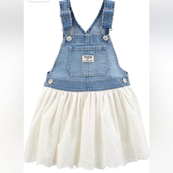 Worn 1x OshKosh jean jumper with white eyelet trim size 3T - Picture 1 of 3